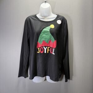 North Pole Black Fleece Size M Lounge Shirt Joyful Elf Hat Ugly Christmas NWT